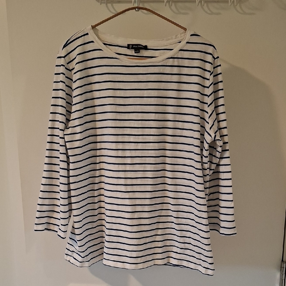 Pink Tartan White & Navy Striped Long Sleeve Top